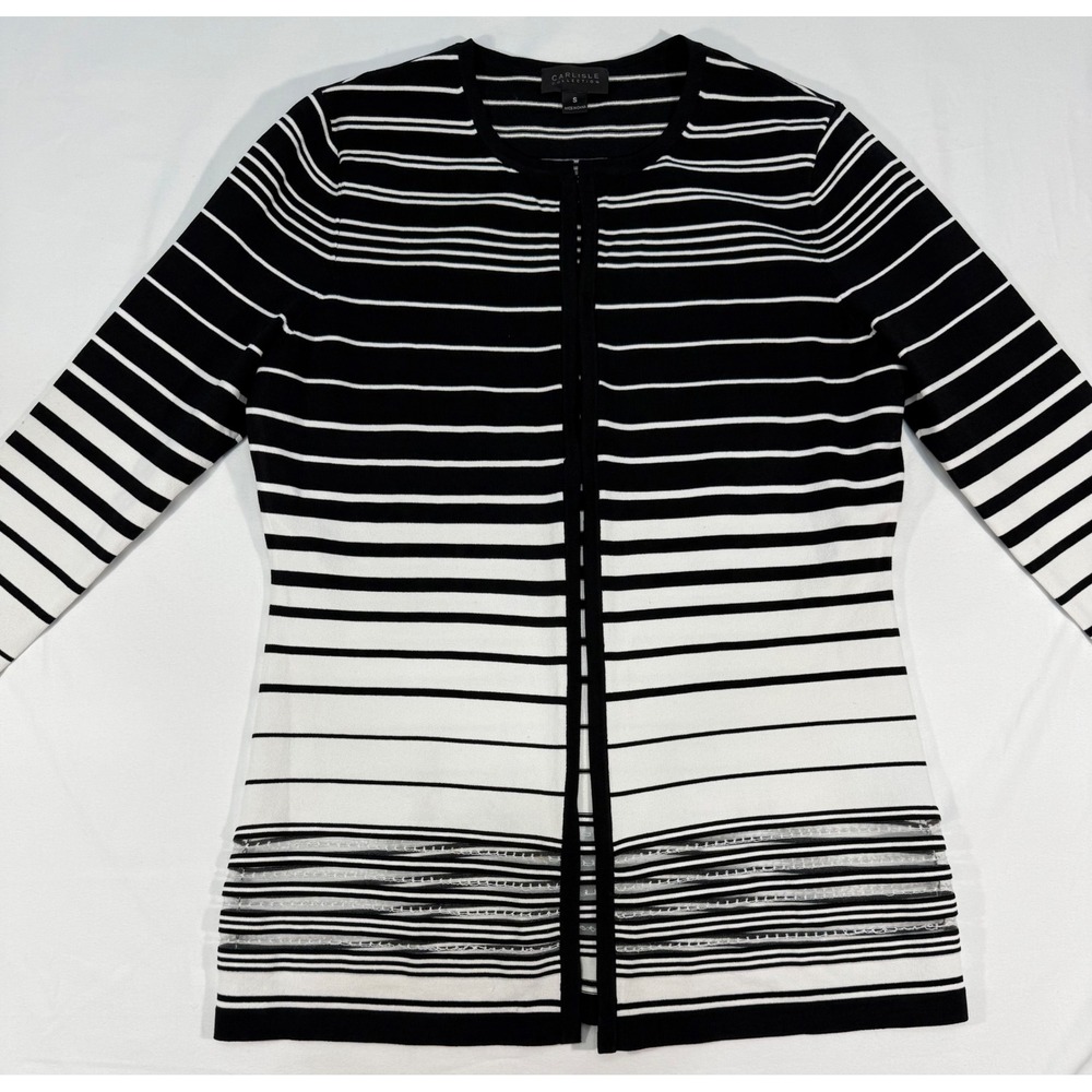 Carlisle Collection Black White Striped Mesh Trim Knit Cardigan Sweater Small